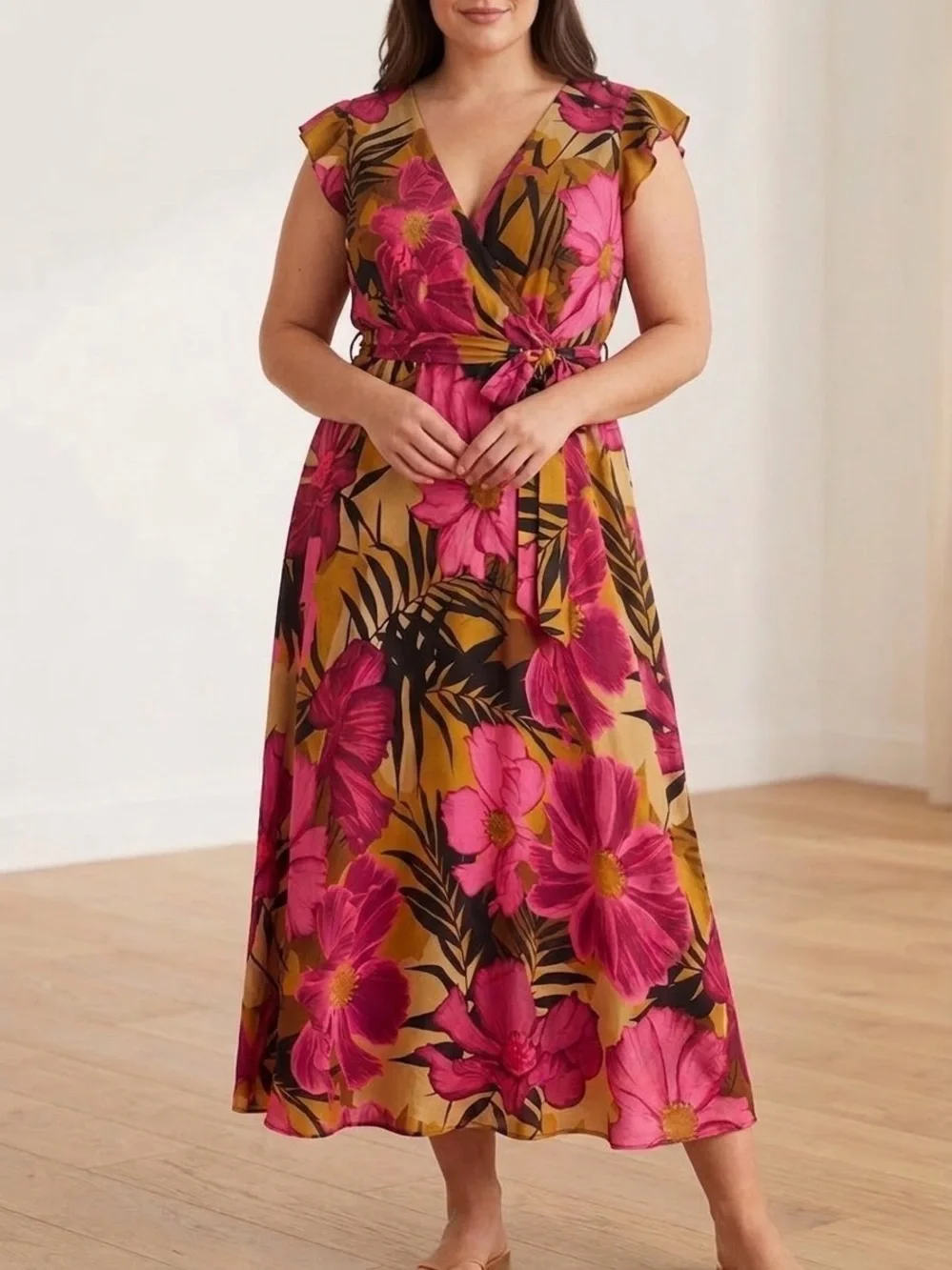 Kelly Grace Floral V-Neck Ruffle Flutter Sleeve Wrap Midi Dress 16W NWT